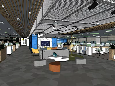 Modern Public Office Space With Open Layout Workstations Computer Monitors And Lounge Area Plants 3d model