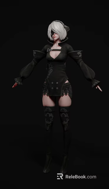 Fantasy Elf Character in Black Decorative Outfit with Long Sleeves Short Skirt and Knee Guards 3d model 