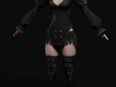 Fantasy Elf Character in Black Decorative Outfit with Long Sleeves Short Skirt and Knee Guards 3d model