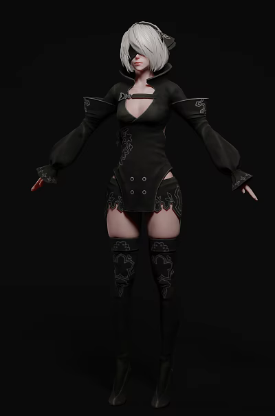 Fantasy Elf Character in Black Decorative Outfit with Long Sleeves Short Skirt and Knee Guards 3d model