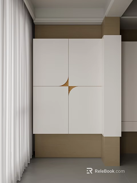 Modern Elegant White Decorative Cabinet Featuring Wooden Splicing Design For Home Interior 3d model 