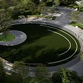 Urban Garden Landscape Design With Circular Pathways Lush Trees And Green Lawn