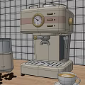 Beige Coffee Machine With Grinder Coffee Beans And Cup On Wooden Countertop Tile Wall