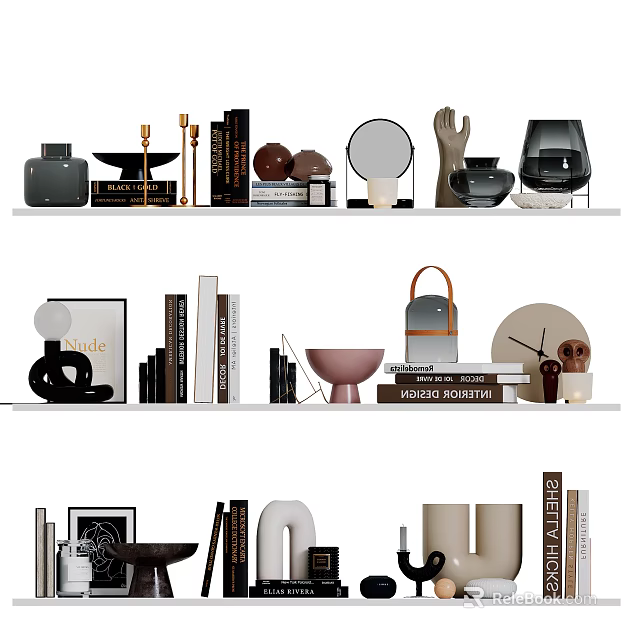 Stylish Decorative Ornament Combination With Books Mirrors Vases Sculptures And Candle Holders On Shelves 3d model 