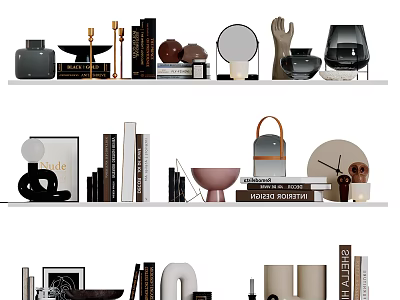 Stylish Decorative Ornament Combination With Books Mirrors Vases Sculptures And Candle Holders On Shelves 3d model