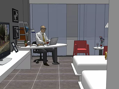 Modern Hotel Room Interior With Two Beds Red Chair TV And Laptop On Table 3d model