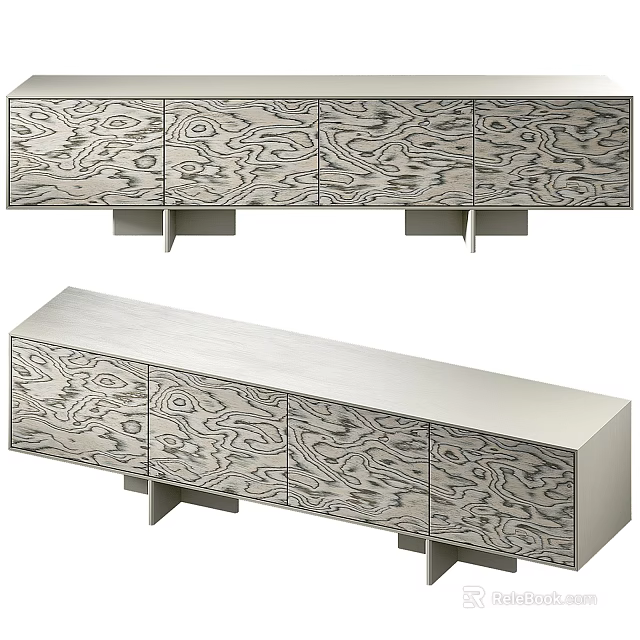Modern TV Stand With Wood Grain Design And Multiple Textured Doors 3d model 