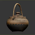 Traditional Handcrafted Teapot with Woven Bamboo Handle Lid and Brown Green Ceramic Body