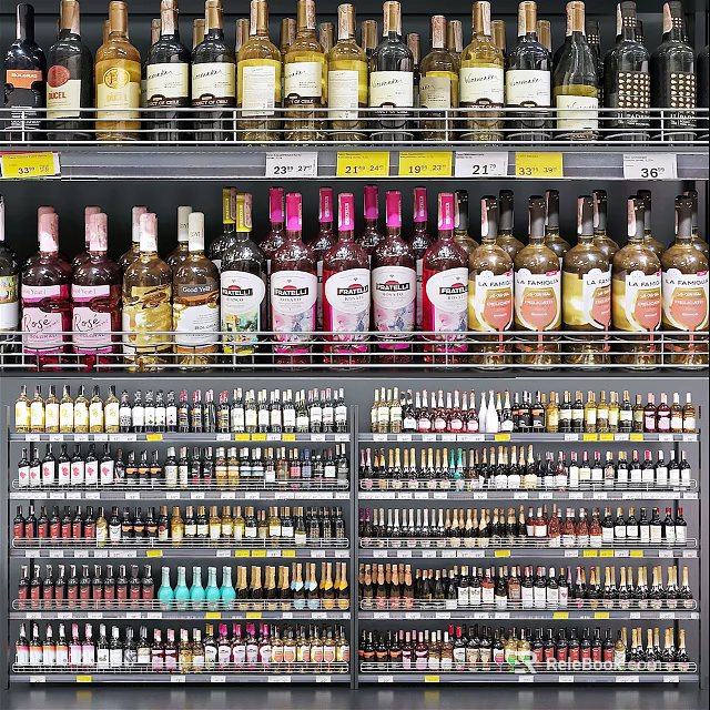 Multi Tiered Display Shelves Stocked with Assorted Wine and Liquor Bottles 3d model 