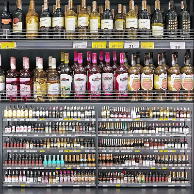 Multi Tiered Display Shelves Stocked with Assorted Wine and Liquor Bottles 3d model