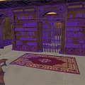 Vintage Library Interior With Wooden Bookshelves Arched Doorway And Decorative Rug