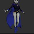 Game Movie Character With Purple Hair Gray Skin Blue Cape And Gold Accessories