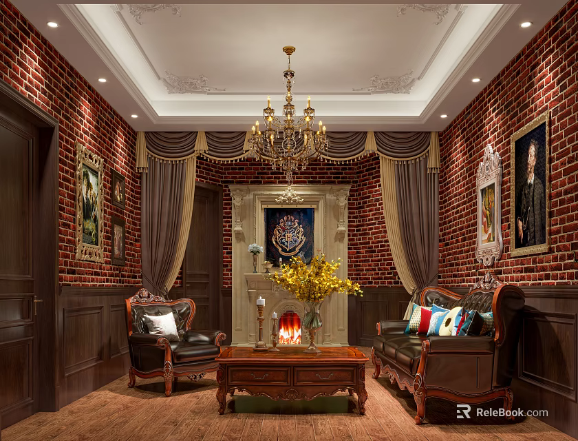 European Style Living Room Interior With Red Brick Walls Wooden Furniture Fireplace And Chandelier 3d model 
