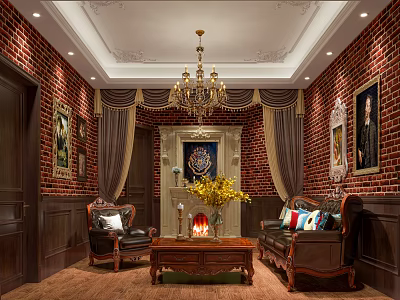 European Style Living Room Interior With Red Brick Walls Wooden Furniture Fireplace And Chandelier 3d model