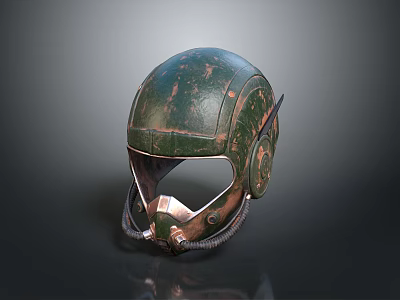 Detailed Military Weapon Helmet With Green Rusted Surface Visor And Connected Tubes 3d model