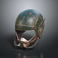 Detailed Military Weapon Helmet With Green Rusted Surface Visor And Connected Tubes