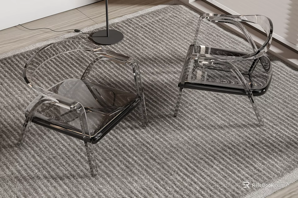 Modern Transparent Acrylic Leisure Chairs With Armrests In Living Room On Textured Rug 3d model 