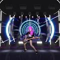 Pink Haired Performer Playing Electric Guitar On Stage With Neon Lights And Smoke Effects
