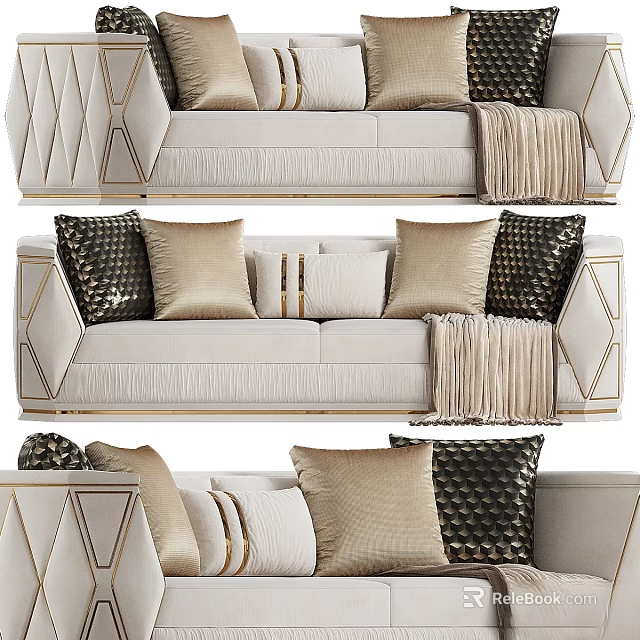 Elegant Modern Beige Sofa Set With Gold Accents Pillows And Throw Blanket 3d model 