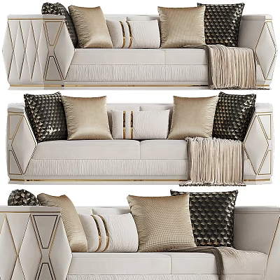 Elegant Modern Beige Sofa Set With Gold Accents Pillows And Throw Blanket 3d model