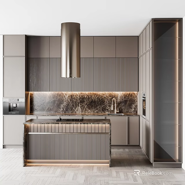 Modern Open Kitchen Interior With Cabinets Marble Island Countertop And Range Hood 3d model 
