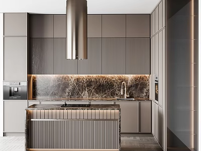 Modern Open Kitchen Interior With Cabinets Marble Island Countertop And Range Hood 3d model