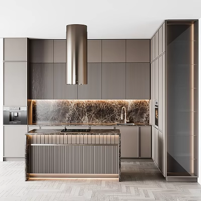 Modern Open Kitchen Interior With Cabinets Marble Island Countertop And Range Hood 3d model