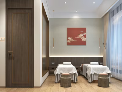 Serene SPA Sauna Interior Design With Comfortable Massage Beds Red Artwork And Soft Lighting 3d model