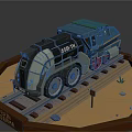 Electric Toy Train With Blue Body On Desert Track And Station Sign