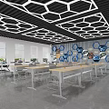 Modern School Learning Space With Geometric Ceiling Long Tables And Interactive Screens 3d model