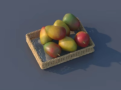Fresh Mangoes in Square Woven Basket with Yellow Red Green Hues on Grey Background 3d model