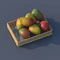 Fresh Mangoes in Square Woven Basket with Yellow Red Green Hues on Grey Background