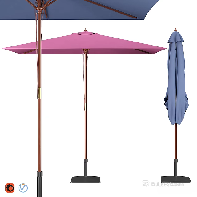 Outdoor Patio Umbrellas With Pink Blue Canopies And Wooden Poles For Shade 3d model 