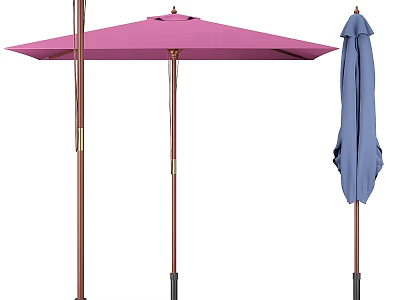 Outdoor Patio Umbrellas With Pink Blue Canopies And Wooden Poles For Shade 3d model