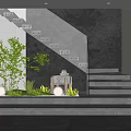 Modern Dark Stone Stairs Interior With Green Plants And Decorative Lights