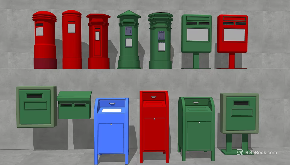 Colorful Public Mailboxes With Diverse Designs And Styles For Urban Areas 3d model 