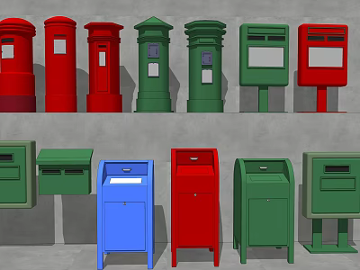 Colorful Public Mailboxes With Diverse Designs And Styles For Urban Areas 3d model