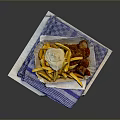 Crispy Golden Fries With Sausages And White Sauce Served On Blue White Striped Paper Tray