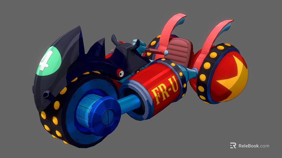 Colorful Cartoon Motorcycle With FR-J Label Large Wheels And Red Seat 3d model 