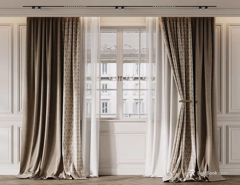 Dark Brown Patterned Curtains With White Sheer Curtains White Walls Window And Elegant Tiebacks 3d model 