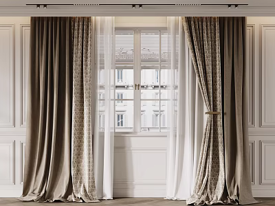 Dark Brown Patterned Curtains With White Sheer Curtains White Walls Window And Elegant Tiebacks 3d model