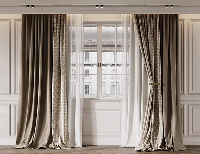 Dark Brown Patterned Curtains With White Sheer Curtains White Walls Window And Elegant Tiebacks 3d model