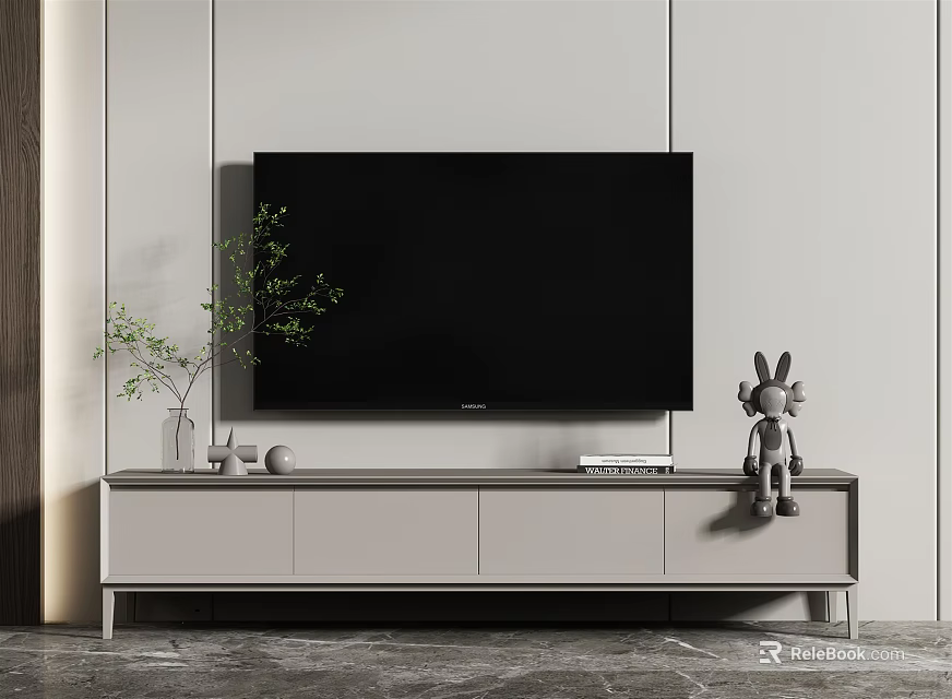 Minimalist Modern TV Stand With Flat Screen TV Decorative Vase And Rabbit Figurine 3d model 