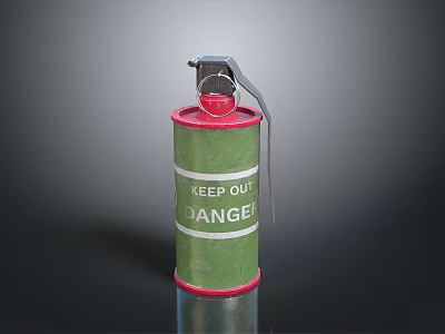 Red and Green Hand Grenade With Keep Out Danger Label And Metal Pin 3d model