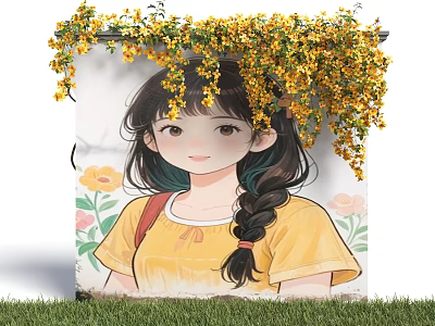 Feature Wall with Cartoon Girl Mural Yellow Top Braided Hair Vines Flower Decoration Green Grass 3d model