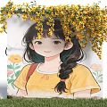 Feature Wall with Cartoon Girl Mural Yellow Top Braided Hair Vines Flower Decoration Green Grass