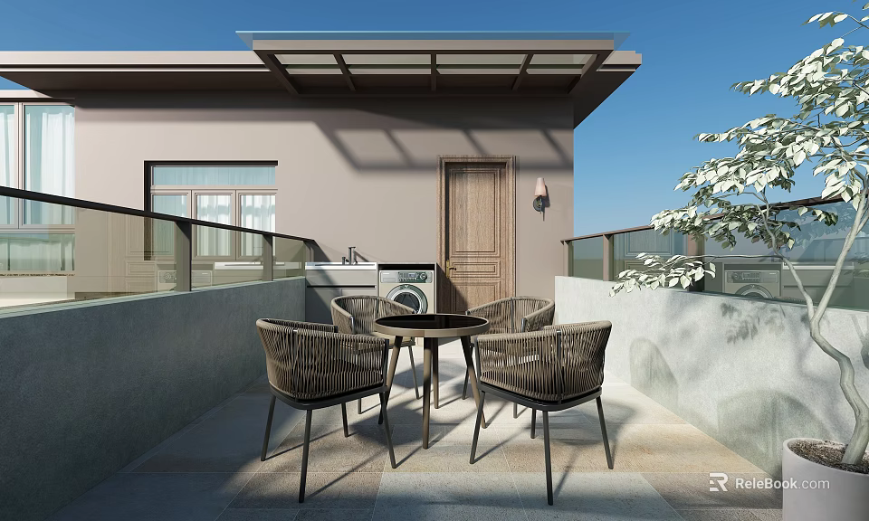 Villa Balcony With Wicker Table Chairs Glass Railing And Scenic Blue Sky View 3d model 