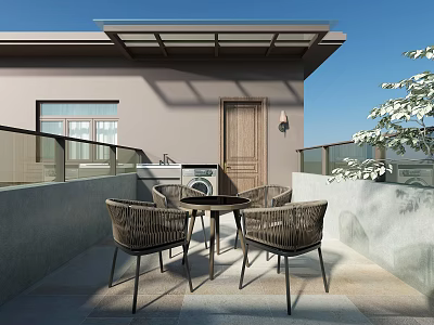 Villa Balcony With Wicker Table Chairs Glass Railing And Scenic Blue Sky View 3d model