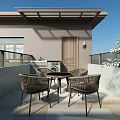 Villa Balcony With Wicker Table Chairs Glass Railing And Scenic Blue Sky View