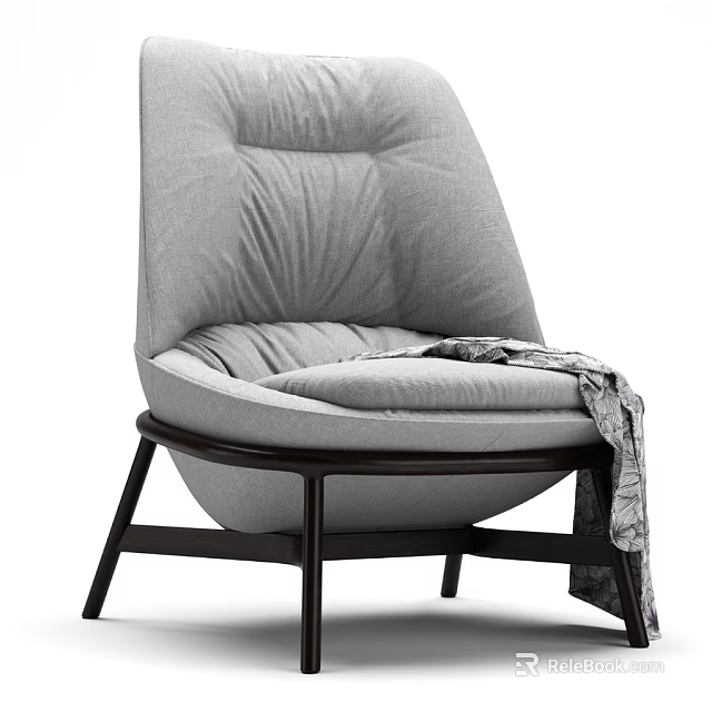 Gray Leisure Chair with High Back Pleated Plush Cushion Dark Wooden Legs and Patterned Blanket 3d model 